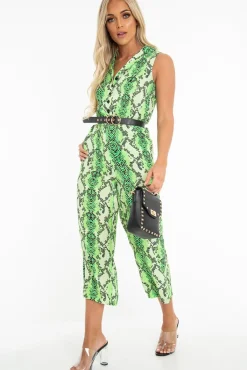 Rebellious Fashion Neon Green Snake Wide Leg Belted Jumpsuit - Sonny