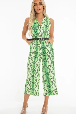 Rebellious Fashion Neon Green Snake Wide Leg Belted Jumpsuit - Sonny