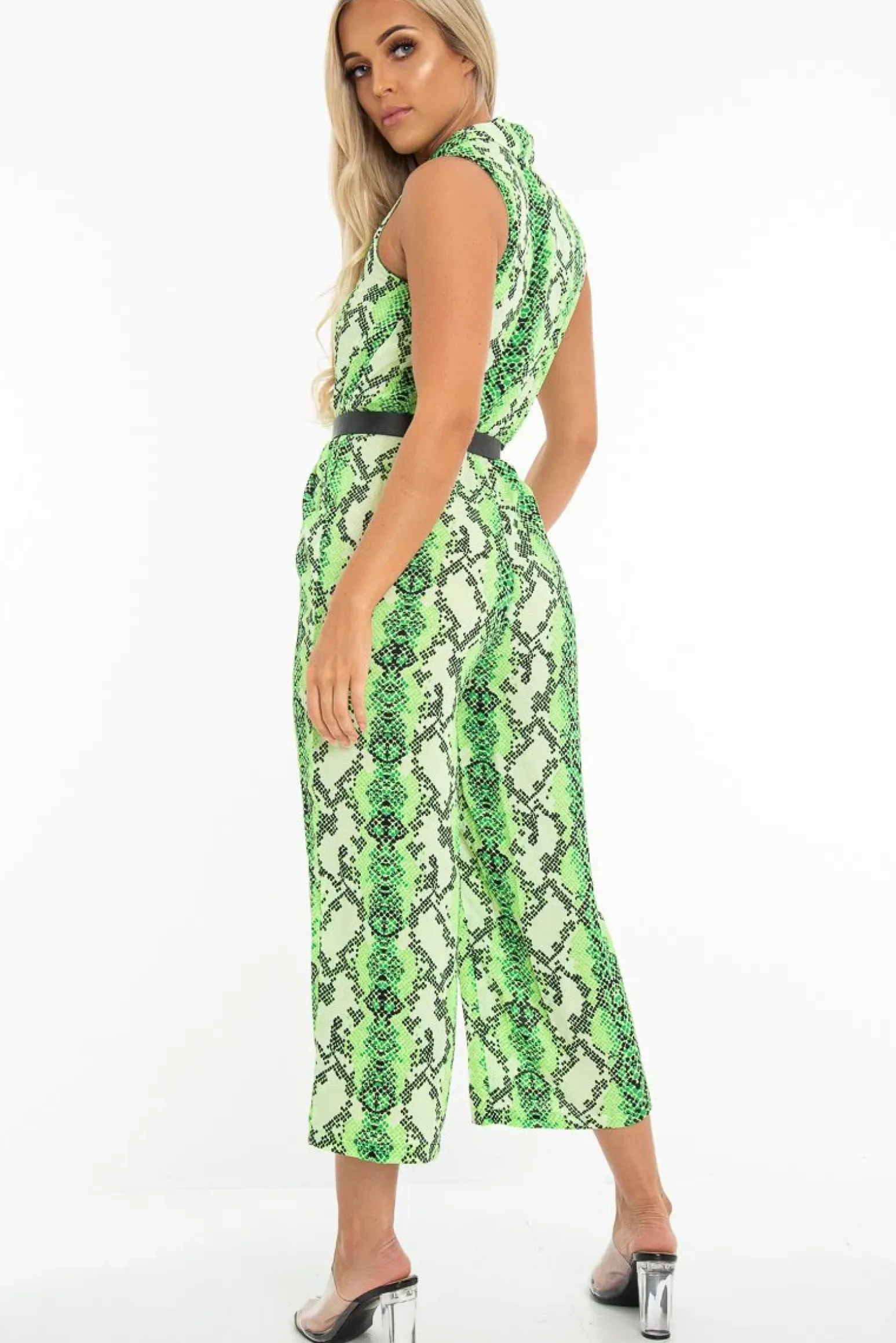 Rebellious Fashion Neon Green Snake Wide Leg Belted Jumpsuit - Sonny
