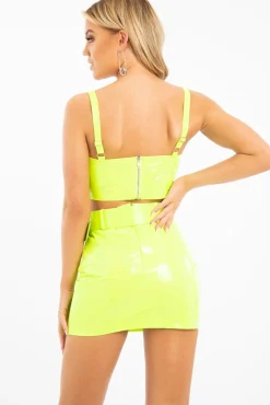 Rebellious Fashion Neon Green Vinyl Bralette Skirt Co-ord - Easton