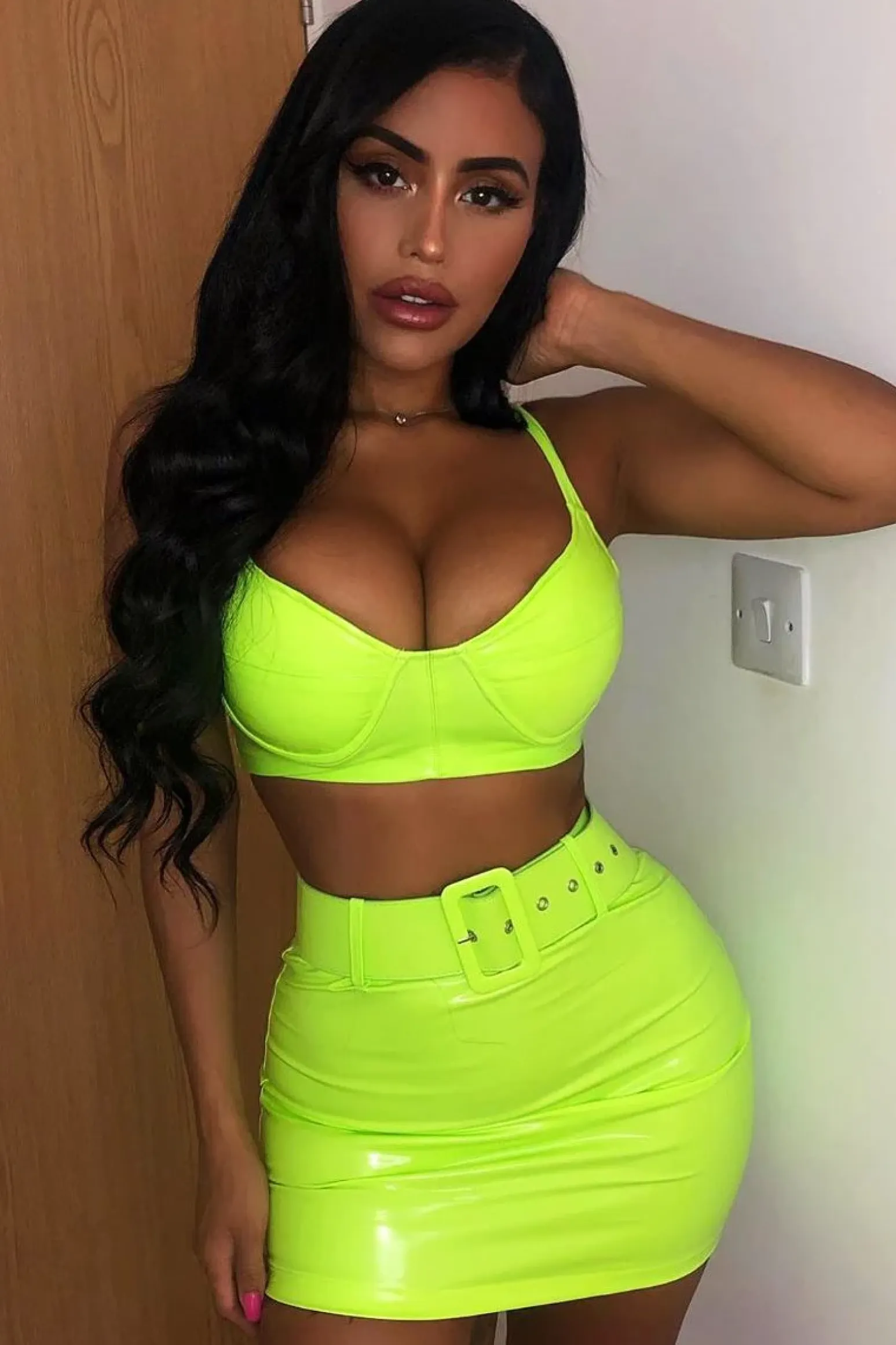 Rebellious Fashion Neon Green Vinyl Bralette Skirt Co-ord - Easton