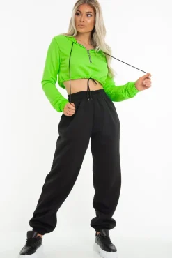 Rebellious Fashion Neon Green Zip Front Drawstring Waist Hoodie Crop Top - Rudi