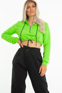 Rebellious Fashion Neon Green Zip Front Drawstring Waist Hoodie Crop Top - Rudi