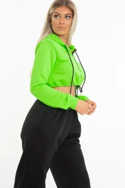 Rebellious Fashion Neon Green Zip Front Drawstring Waist Hoodie Crop Top - Rudi