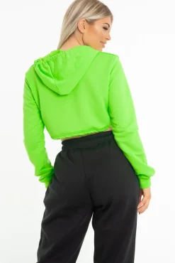 Rebellious Fashion Neon Green Zip Front Drawstring Waist Hoodie Crop Top - Rudi