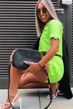 Rebellious Fashion Neon Lime Button Front Utility Shirt Shorts Co-ord - Galia