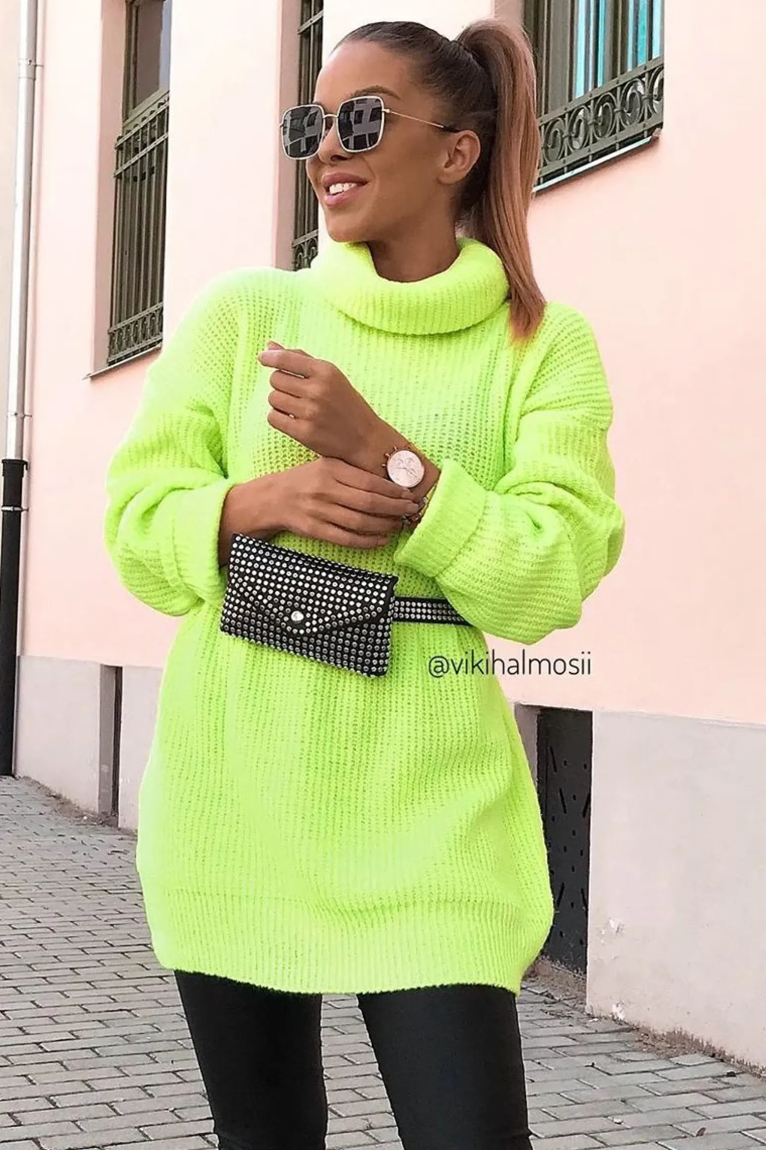 Rebellious Fashion Neon Lime Green Roll Neck Jumper Dress - Freylynn