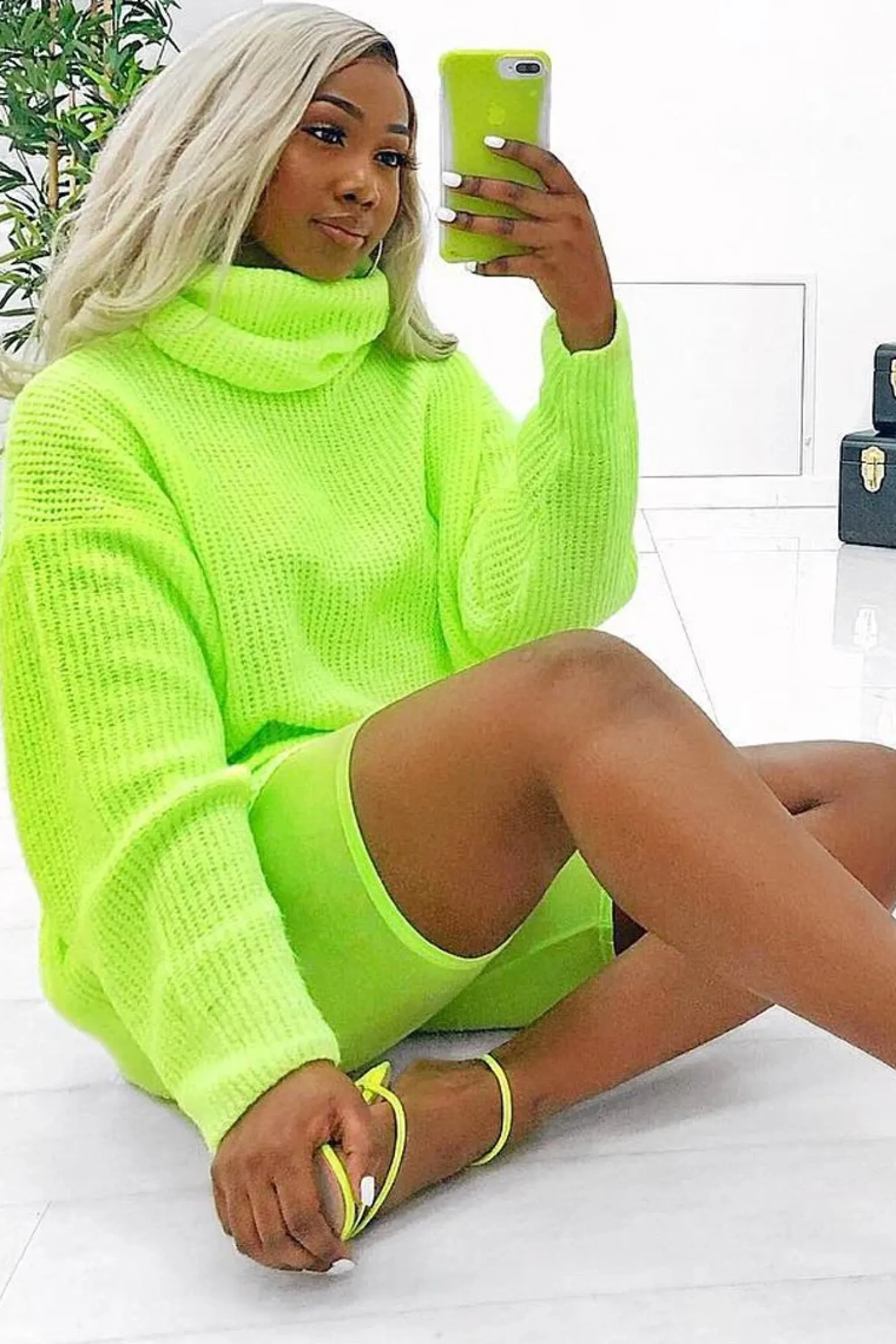 Rebellious Fashion Neon Lime Green Roll Neck Jumper Dress - Freylynn