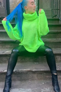 Rebellious Fashion Neon Lime Green Roll Neck Jumper Dress - Freylynn