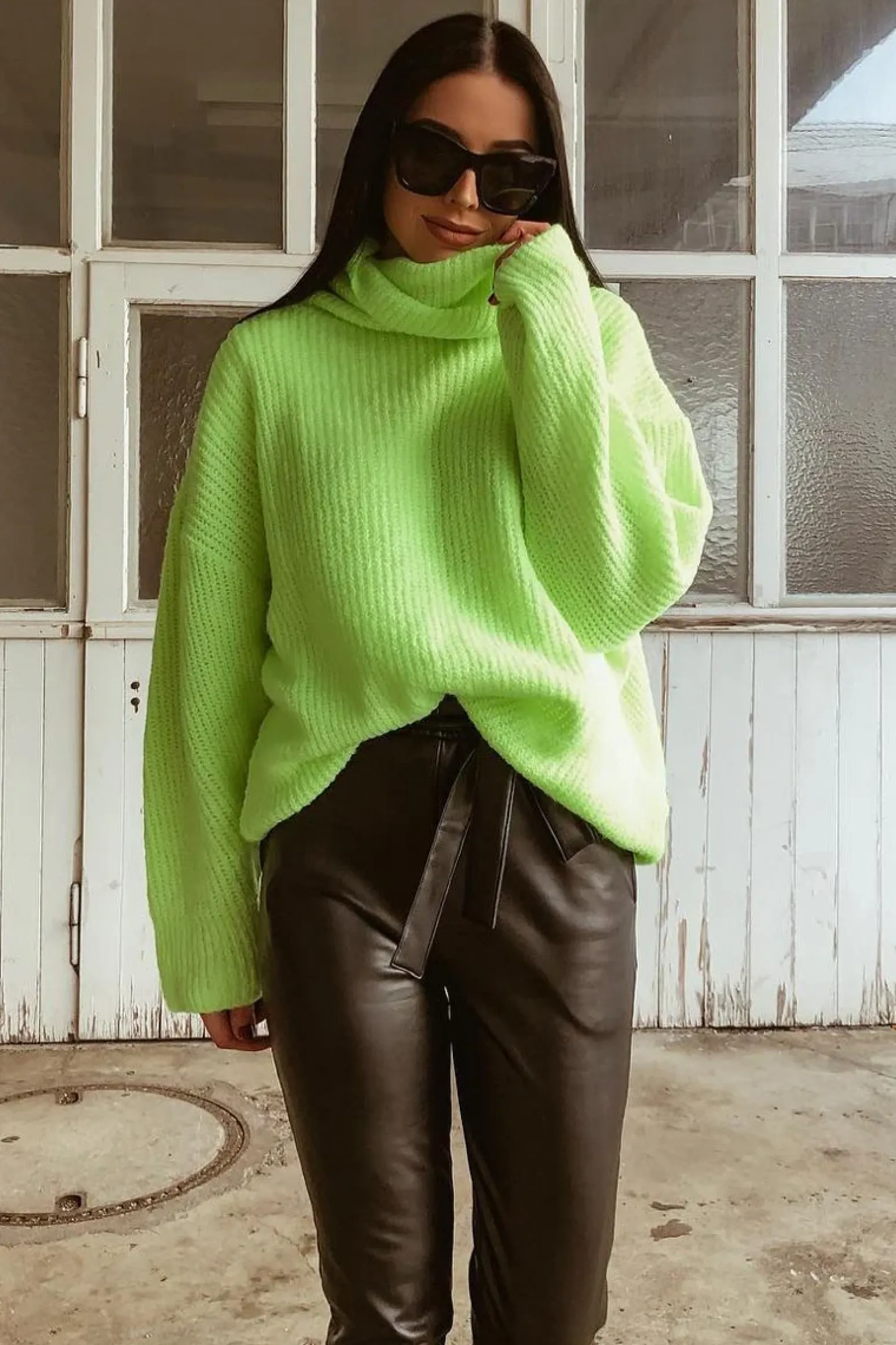 Rebellious Fashion Neon Lime Green Roll Neck Jumper Dress - Freylynn