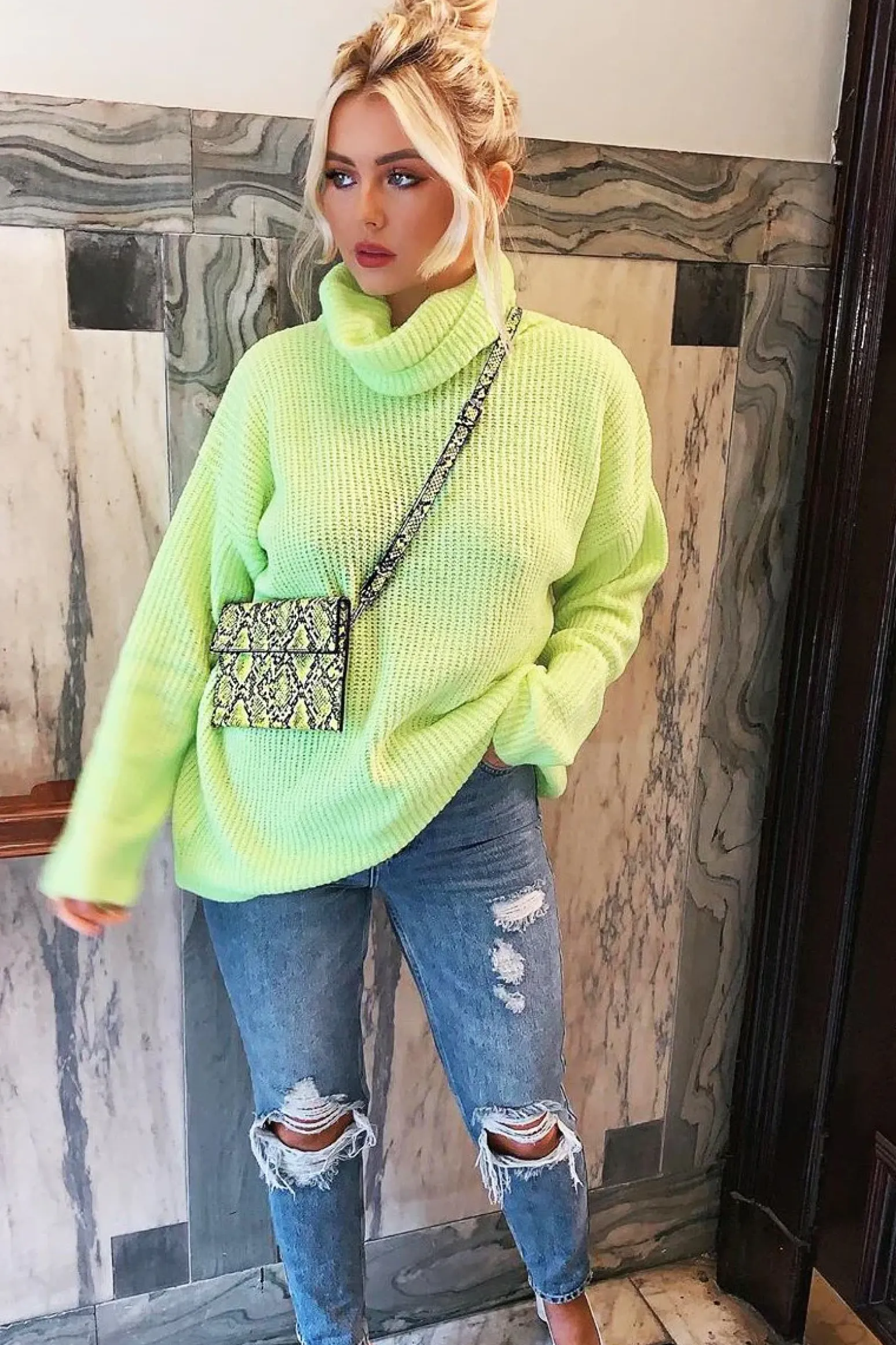 Rebellious Fashion Neon Lime Green Roll Neck Jumper Dress - Freylynn