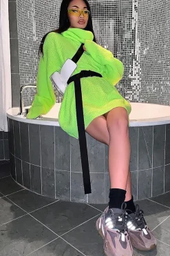 Rebellious Fashion Neon Lime Green Roll Neck Jumper Dress - Freylynn