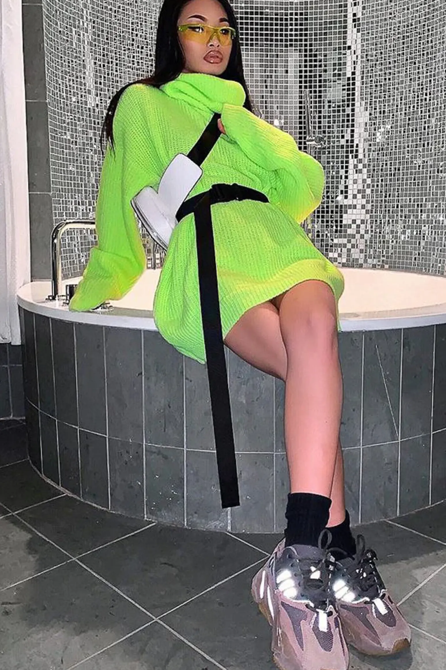 Rebellious Fashion Neon Lime Green Roll Neck Jumper Dress - Freylynn