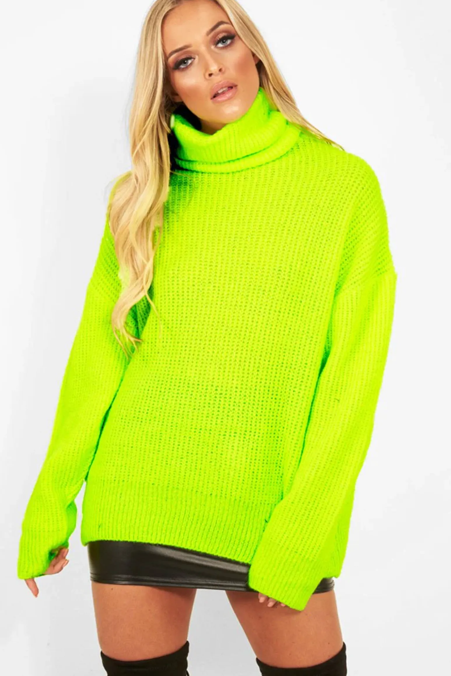 Rebellious Fashion Neon Lime Green Roll Neck Jumper Dress - Freylynn