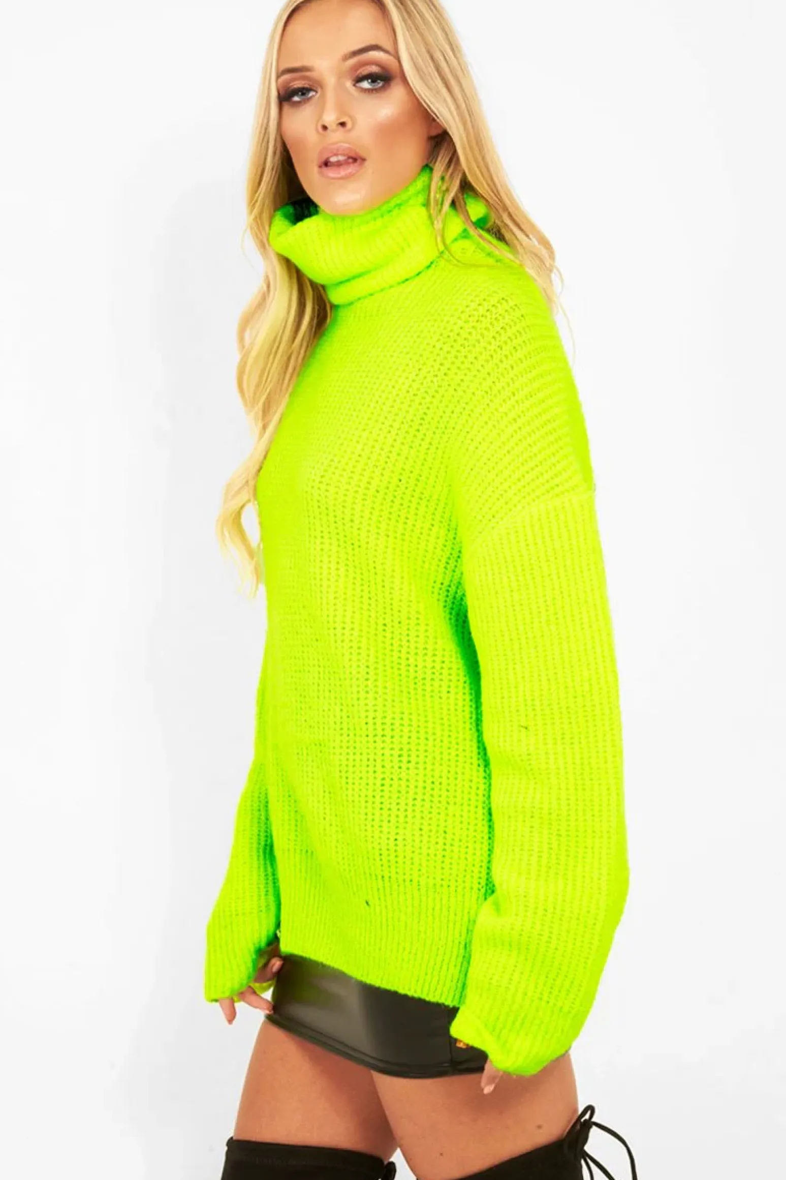 Rebellious Fashion Neon Lime Green Roll Neck Jumper Dress - Freylynn