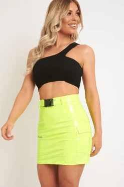Rebellious Fashion Neon Lime Vinyl Zip Detail Utility Buckle Skirt - Davina