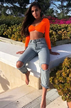 Rebellious Fashion Neon Orange Asymmetric Crop Top - Nicki