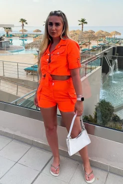 Rebellious Fashion Neon Orange Button Front Utility Shirt & Shorts - Galia