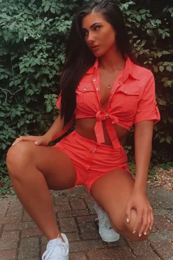 Rebellious Fashion Neon Orange Button Front Utility Shirt & Shorts - Galia