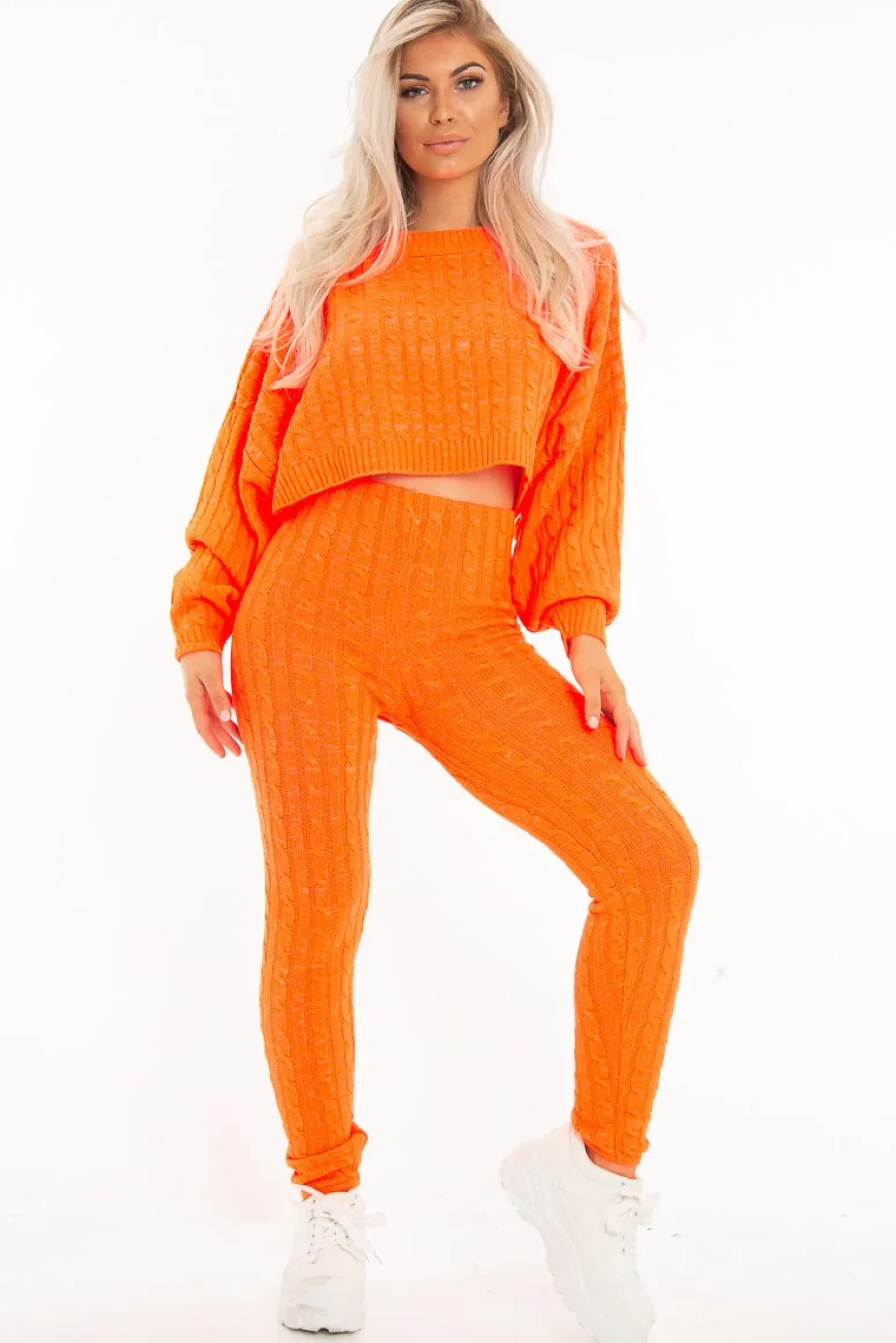 Rebellious Fashion Neon Orange Cable Knit Batwing Jumper Loungwear Set - Janea
