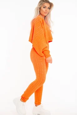 Rebellious Fashion Neon Orange Cable Knit Batwing Jumper Loungwear Set - Janea