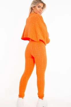 Rebellious Fashion Neon Orange Cable Knit Batwing Jumper Loungwear Set - Janea