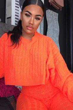 Rebellious Fashion Neon Orange Cable Knit Batwing Jumper Loungwear Set - Janea