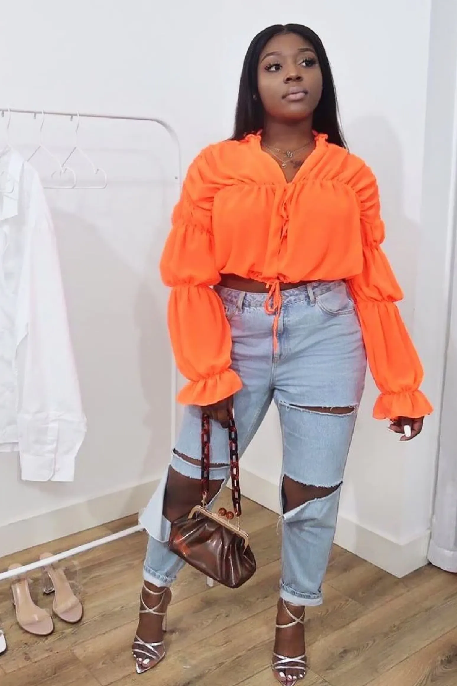 Rebellious Fashion Neon Orange Chiffon Balloon Sleeve Crop Tie Front Blouse - Amelia