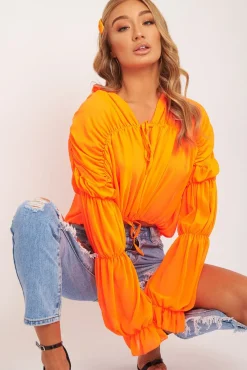 Rebellious Fashion Neon Orange Chiffon Balloon Sleeve Crop Tie Front Blouse - Amelia