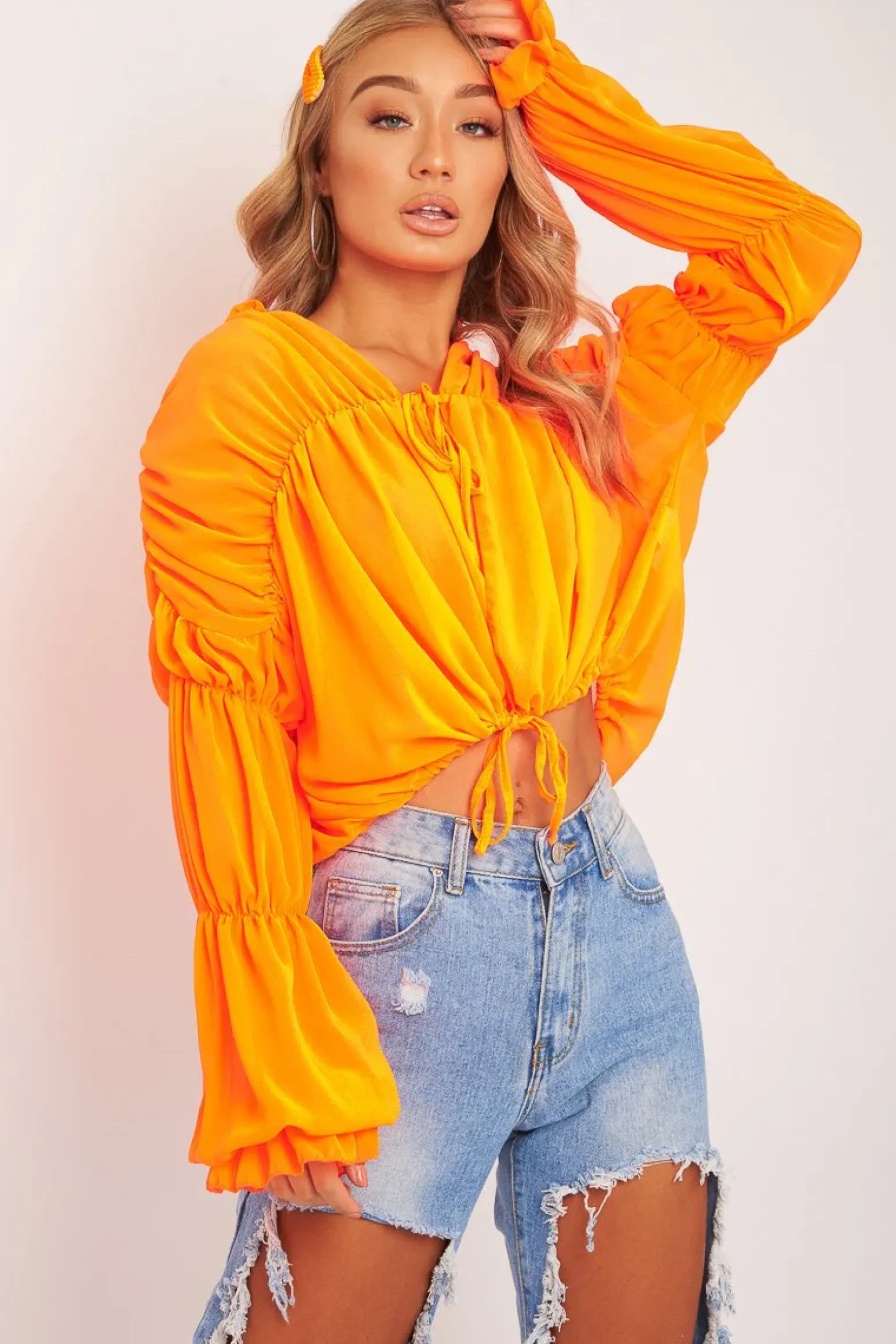 Rebellious Fashion Neon Orange Chiffon Balloon Sleeve Crop Tie Front Blouse - Amelia