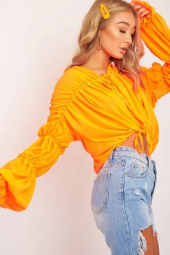 Rebellious Fashion Neon Orange Chiffon Balloon Sleeve Crop Tie Front Blouse - Amelia