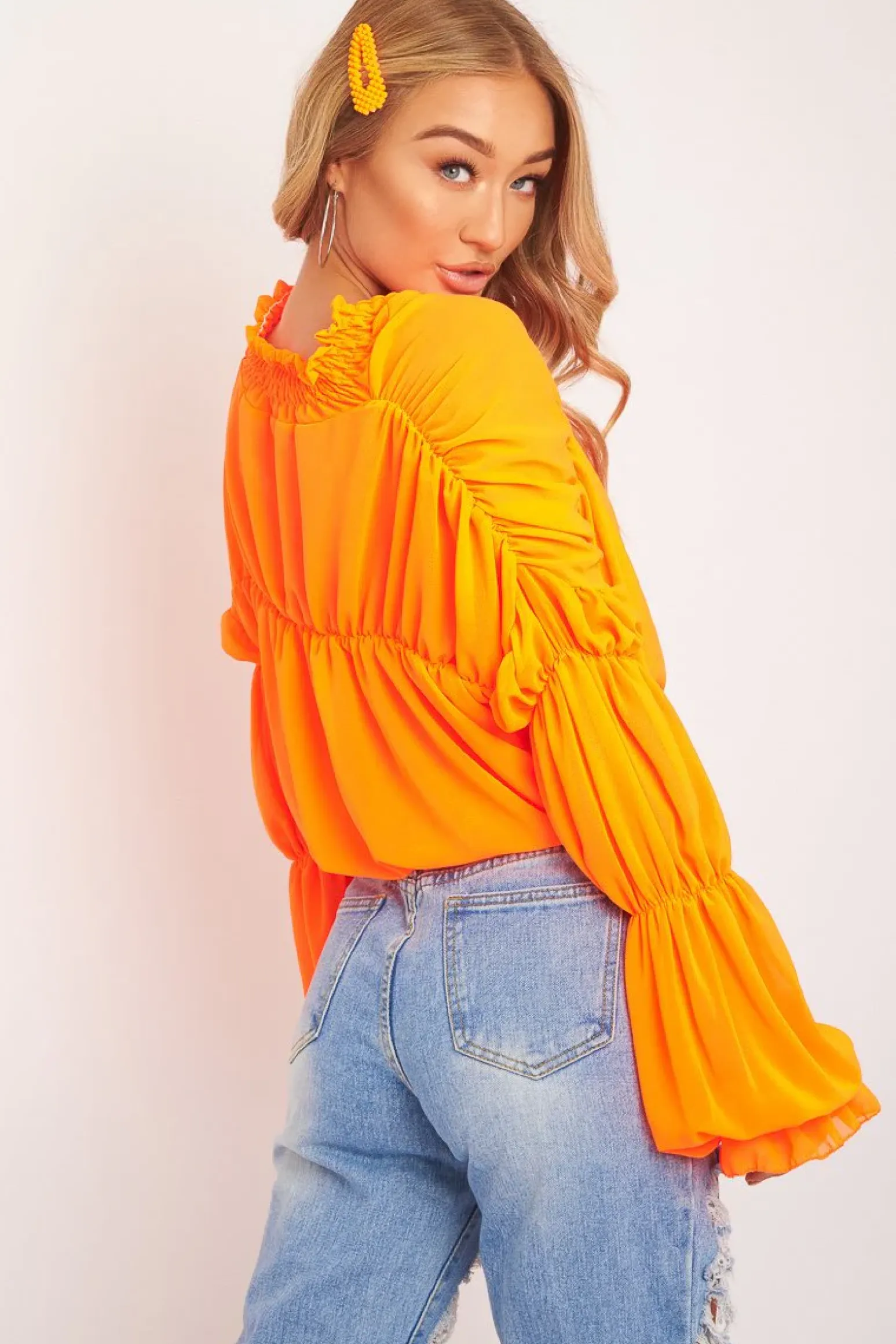 Rebellious Fashion Neon Orange Chiffon Balloon Sleeve Crop Tie Front Blouse - Amelia