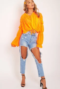 Rebellious Fashion Neon Orange Chiffon Balloon Sleeve Crop Tie Front Blouse - Amelia