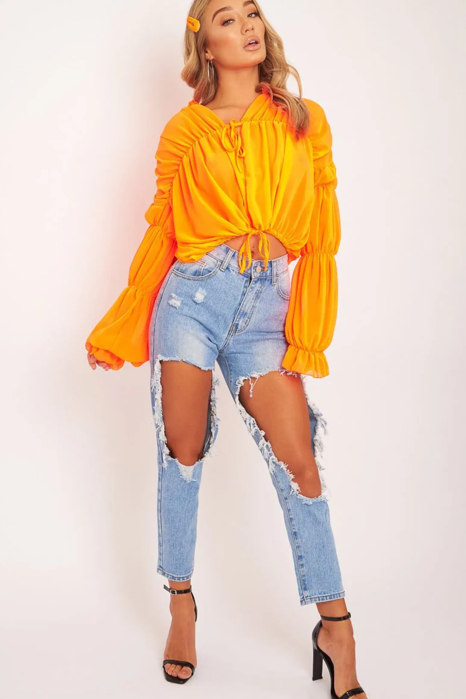 Rebellious Fashion Neon Orange Chiffon Balloon Sleeve Crop Tie Front Blouse - Amelia