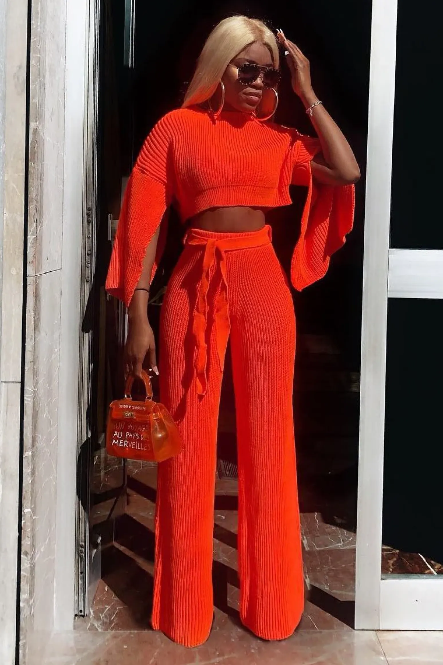 Rebellious Fashion Neon Orange Chunky Knit Loungewear Set - Harper