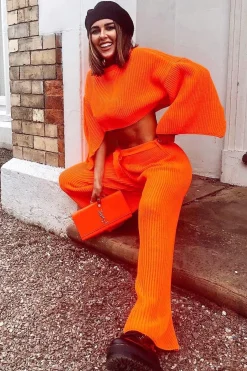 Rebellious Fashion Neon Orange Chunky Knit Loungewear Set - Harper