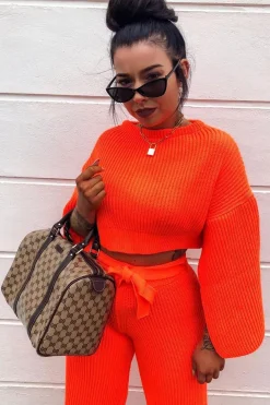 Rebellious Fashion Neon Orange Chunky Knit Loungewear Set - Harper