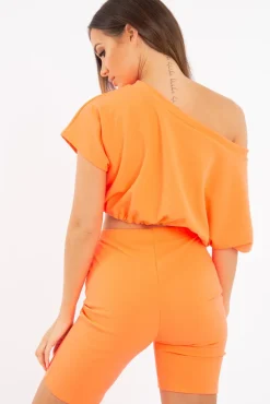 Rebellious Fashion Neon Orange Drawstring Top Cycling Short Loungewear Co-ord - Krissa