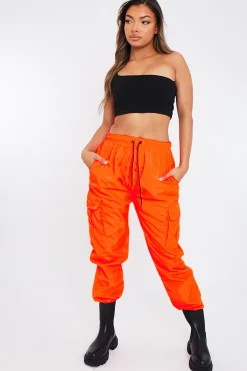 Rebellious Fashion Neon Orange Hem Shell Cargo Joggers - Iris
