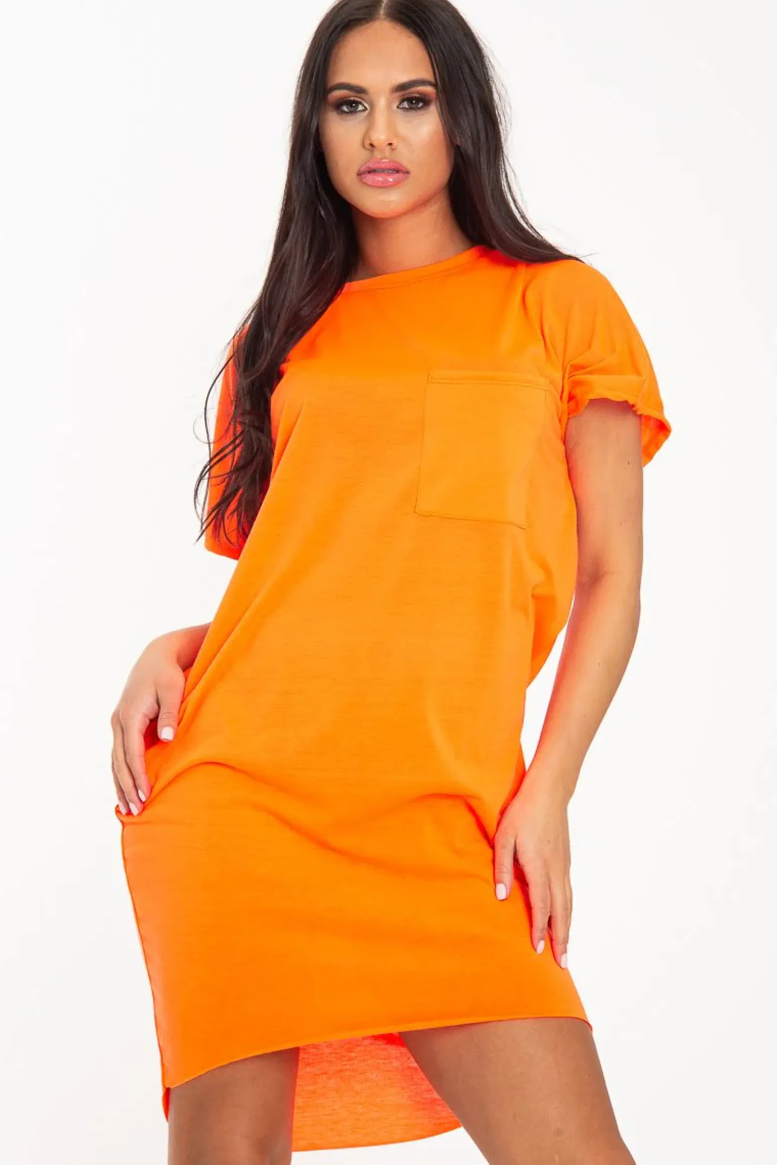 Rebellious Fashion Neon Orange Oversized Pocket Front Midi T-Shirt Dress - Whitney