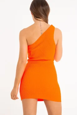 Rebellious Fashion Neon Orange Rib Knit One Shoulder Mini Dress - Elisabeth