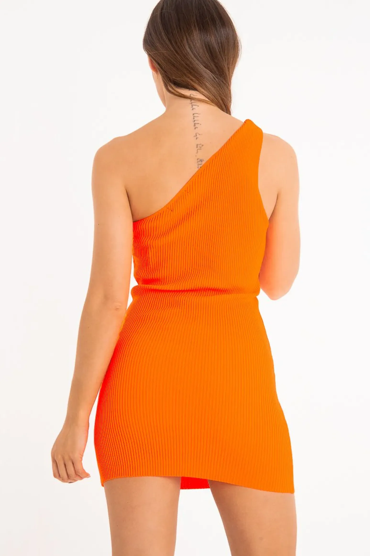 Rebellious Fashion Neon Orange Rib Knit One Shoulder Mini Dress - Elisabeth