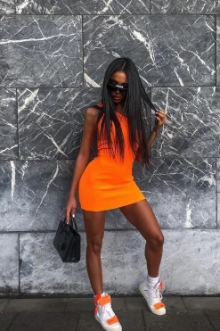 Rebellious Fashion Neon Orange Rib Knit One Shoulder Mini Dress - Elisabeth