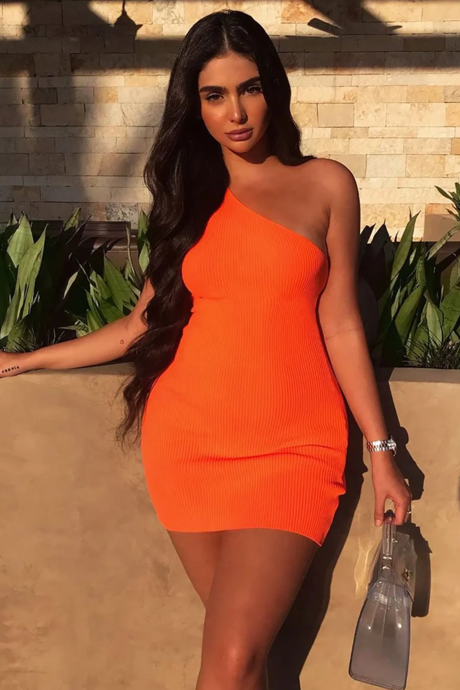 Rebellious Fashion Neon Orange Rib Knit One Shoulder Mini Dress - Elisabeth