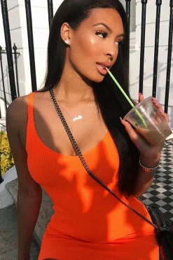 Rebellious Fashion Neon Orange Rib Knit V Neck Mini Dress - Amylia