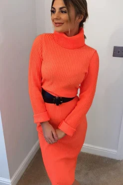 Rebellious Fashion Neon Orange Roll Neck Rib Midi Jumper Dress - Giana