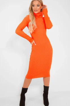 Rebellious Fashion Neon Orange Roll Neck Rib Midi Jumper Dress - Giana