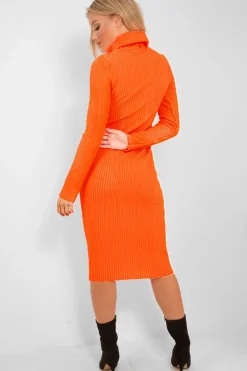 Rebellious Fashion Neon Orange Roll Neck Rib Midi Jumper Dress - Giana