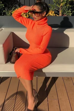 Rebellious Fashion Neon Orange Roll Neck Rib Midi Jumper Dress - Giana