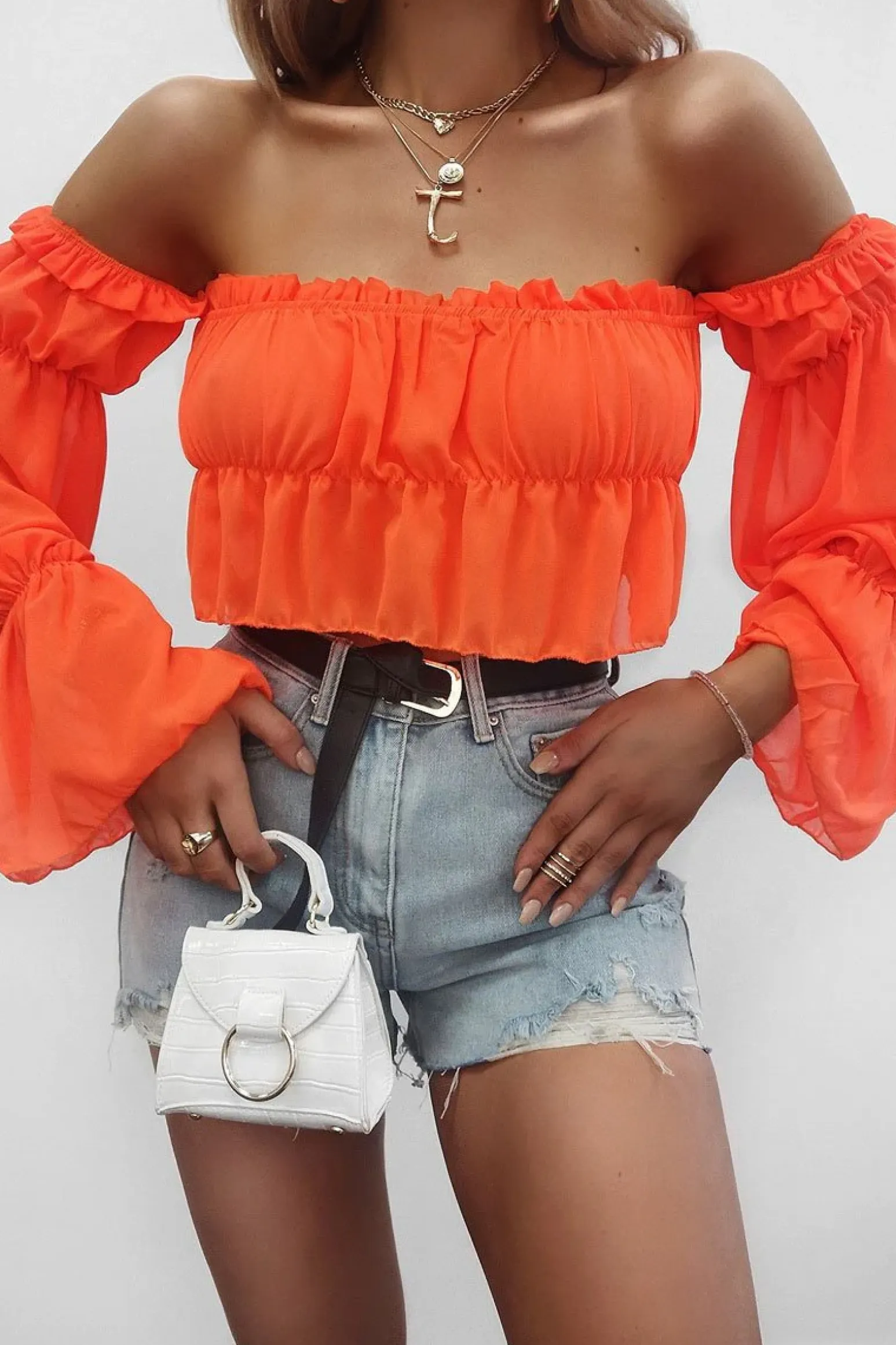 Rebellious Fashion Neon Orange Ruffle Bardot Crop Top - Ammie